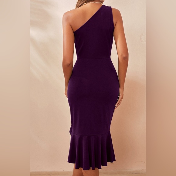 YOESEE Women One Shoulder Sleeveless Bodycon Dress Side Split Ruffle Hem - Picture 4 of 6